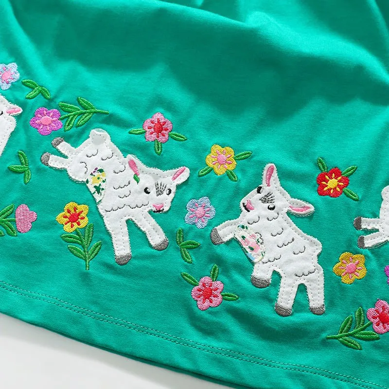 Toddler/Kid Girl's Long Sleeve Flower with Animal Design Green Dress