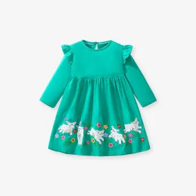 Toddler/Kid Girl's Long Sleeve Flower with Animal Design Green Dress