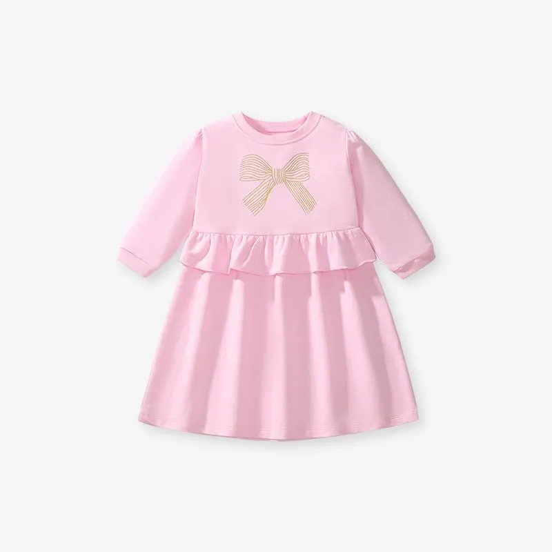 Toddler/Kid Girl's Long Sleeve Gold Bow Print Design Pink Dress