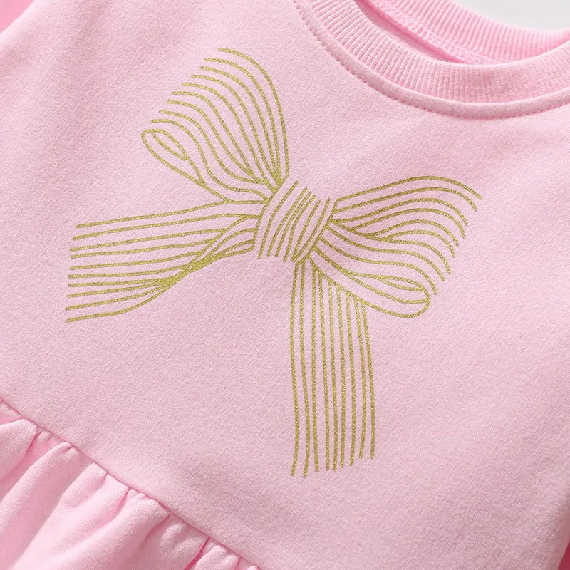 Toddler/Kid Girl's Long Sleeve Gold Bow Print Design Pink Dress