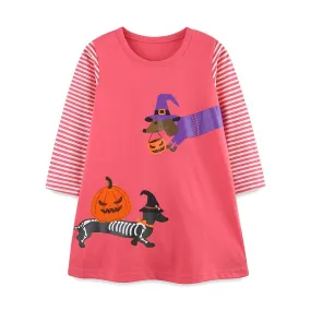 Toddler/Kid Girl's Long Sleeve Halloween Pumpkin Print Design Pink Dress