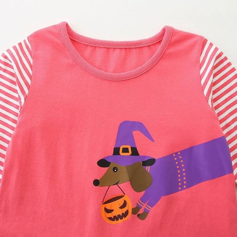 Toddler/Kid Girl's Long Sleeve Halloween Pumpkin Print Design Pink Dress