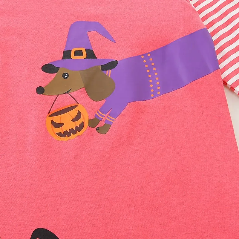 Toddler/Kid Girl's Long Sleeve Halloween Pumpkin Print Design Pink Dress