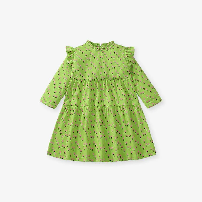 Toddler/Kid Girl's Long Sleeve Little Flowers Design Green Dress