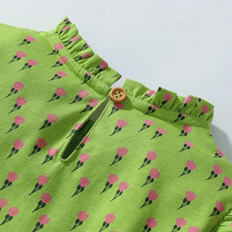 Toddler/Kid Girl's Long Sleeve Little Flowers Design Green Dress