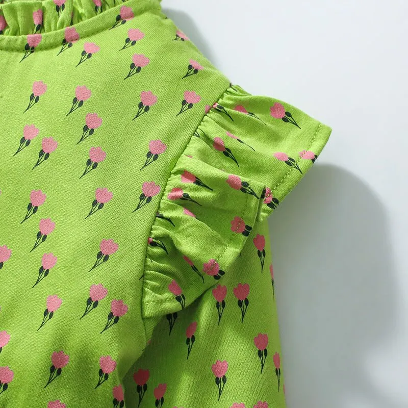 Toddler/Kid Girl's Long Sleeve Little Flowers Design Green Dress