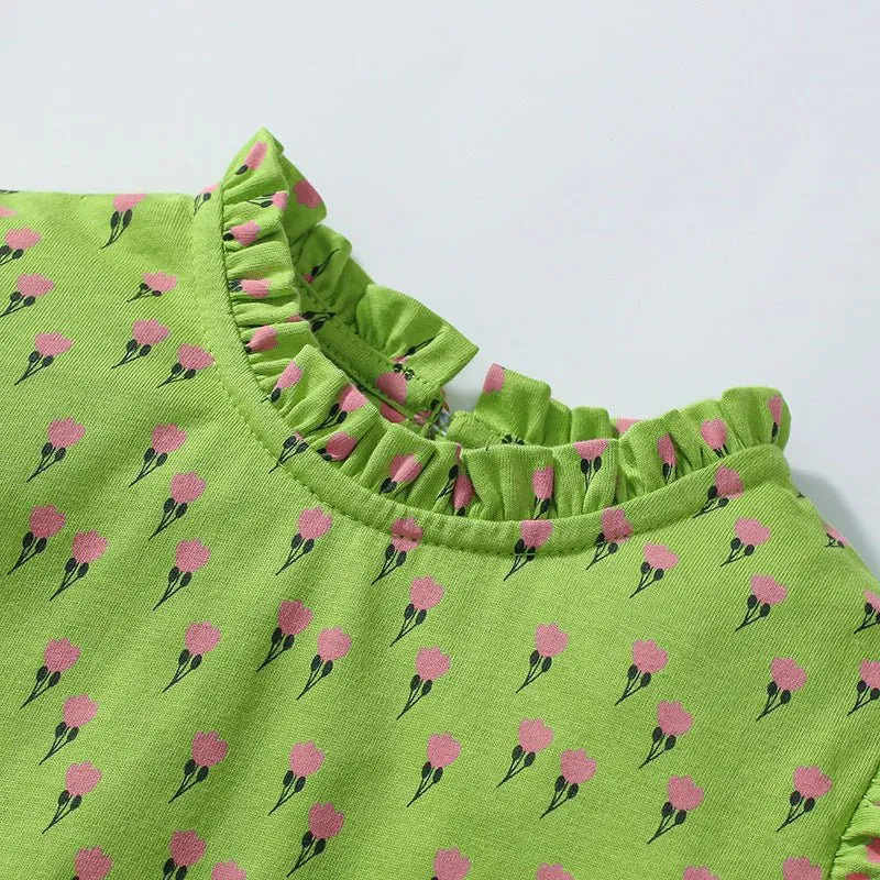 Toddler/Kid Girl's Long Sleeve Little Flowers Design Green Dress