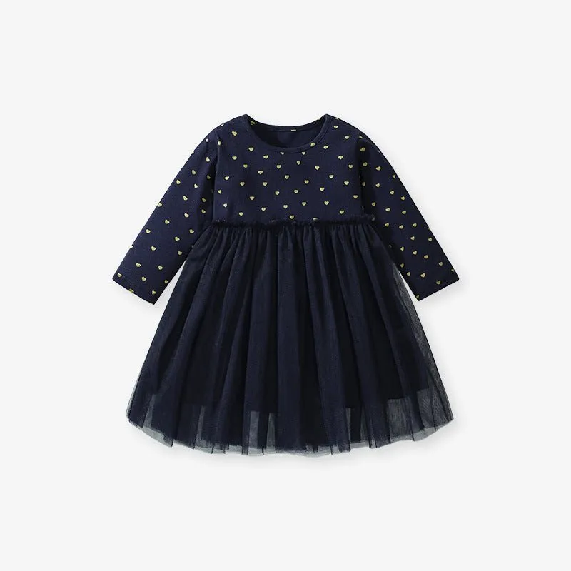 Toddler/Kid Girl's Long Sleeve Mini Hearts Print Design Dress (2 Colors)