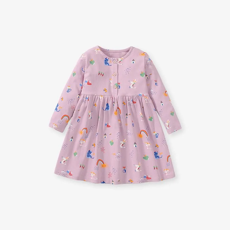 Toddler/Kid Girl's Long Sleeve Purple Cartoon Dress