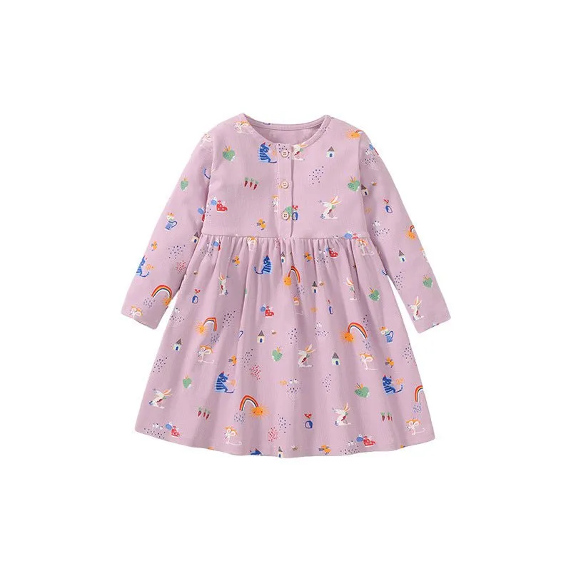Toddler/Kid Girl's Long Sleeve Purple Cartoon Dress