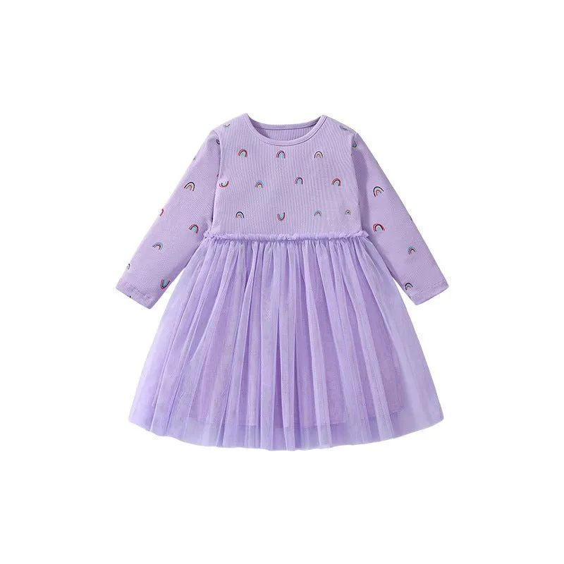 Toddler/Kid Girl's Long Sleeve Rainbow Print Design Purple Dress