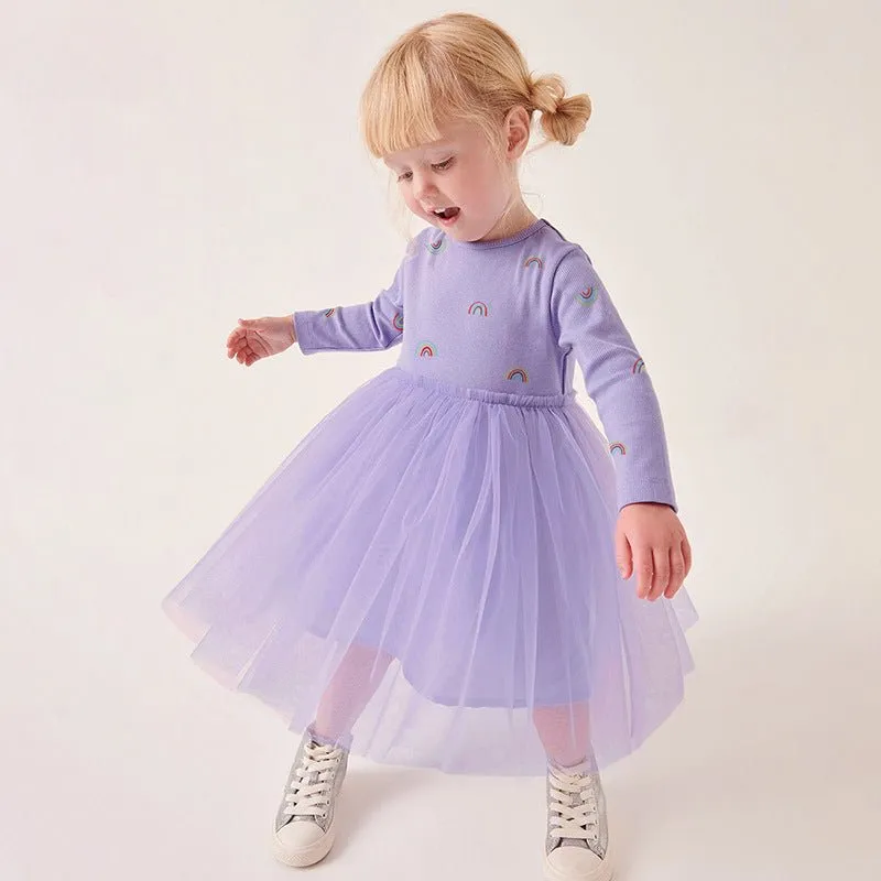 Toddler/Kid Girl's Long Sleeve Rainbow Print Design Purple Dress