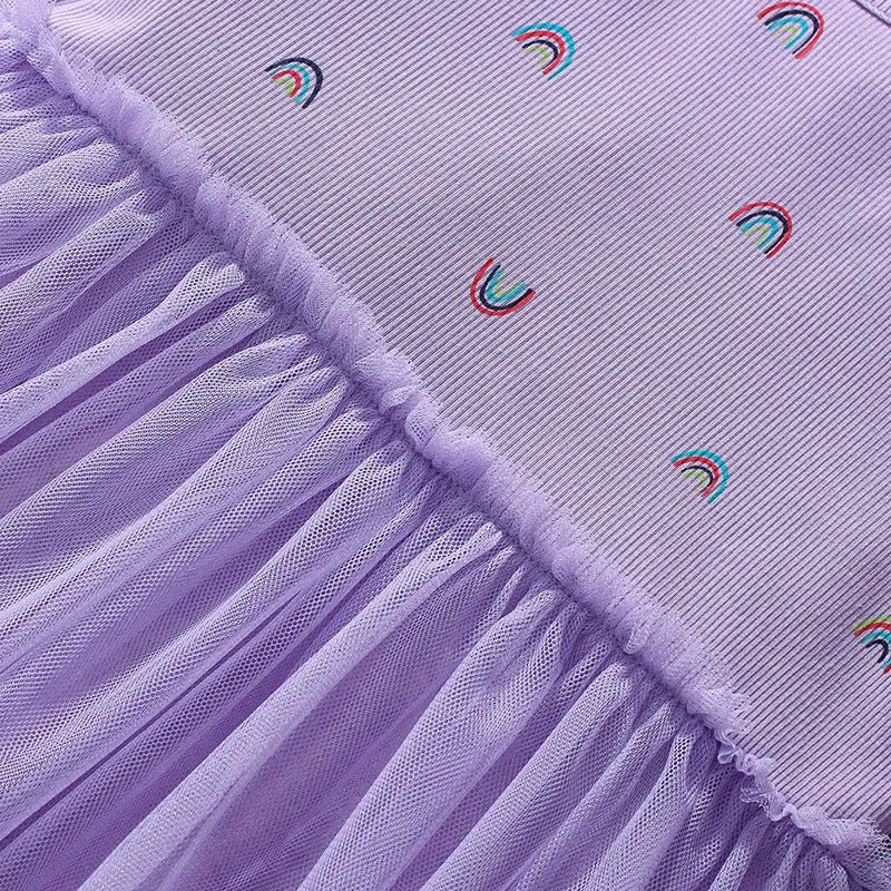Toddler/Kid Girl's Long Sleeve Rainbow Print Design Purple Dress