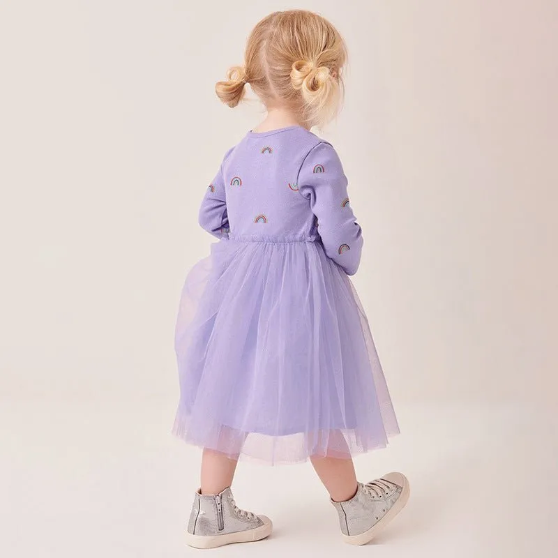 Toddler/Kid Girl's Long Sleeve Rainbow Print Design Purple Dress
