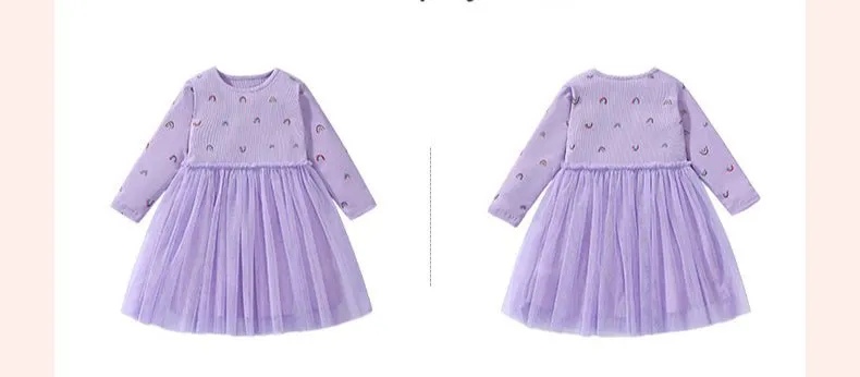 Toddler/Kid Girl's Long Sleeve Rainbow Print Design Purple Dress