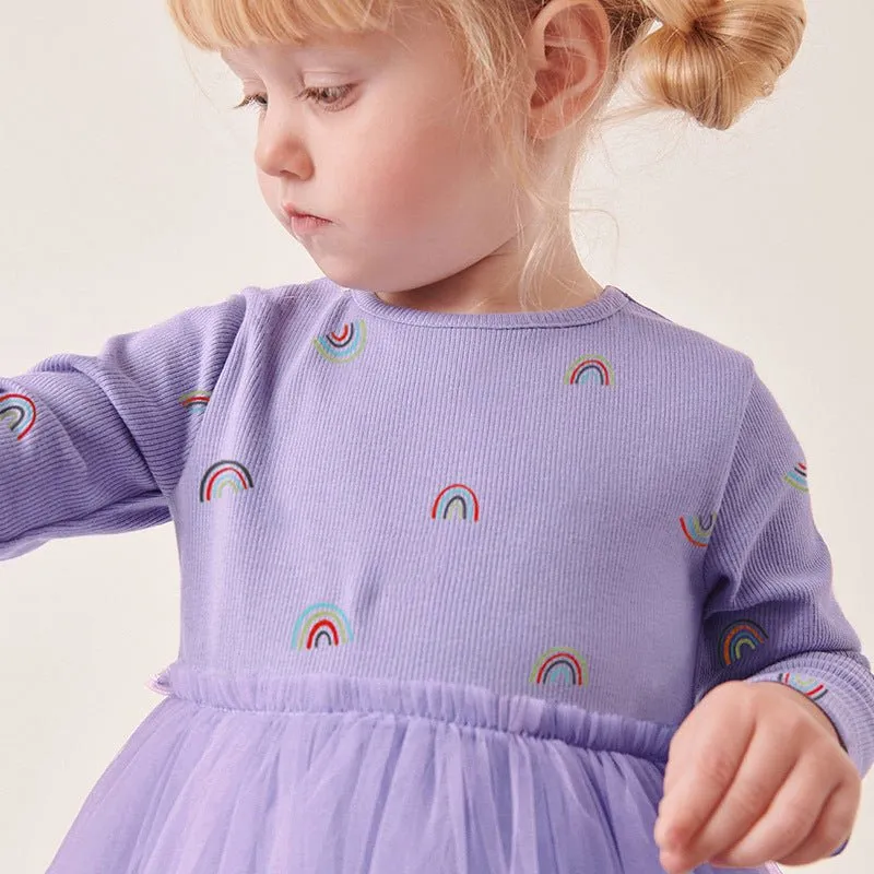 Toddler/Kid Girl's Long Sleeve Rainbow Print Design Purple Dress