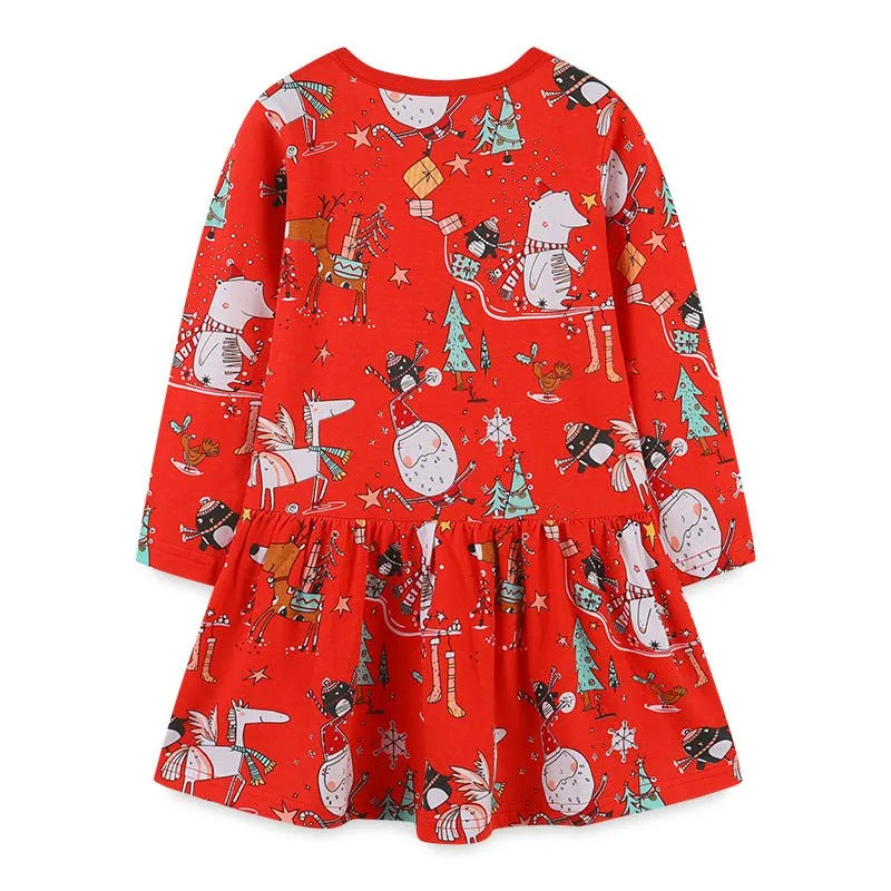 Toddler/Kid Girl's Long Sleeve Red Dress with Christmas Design