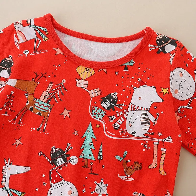 Toddler/Kid Girl's Long Sleeve Red Dress with Christmas Design