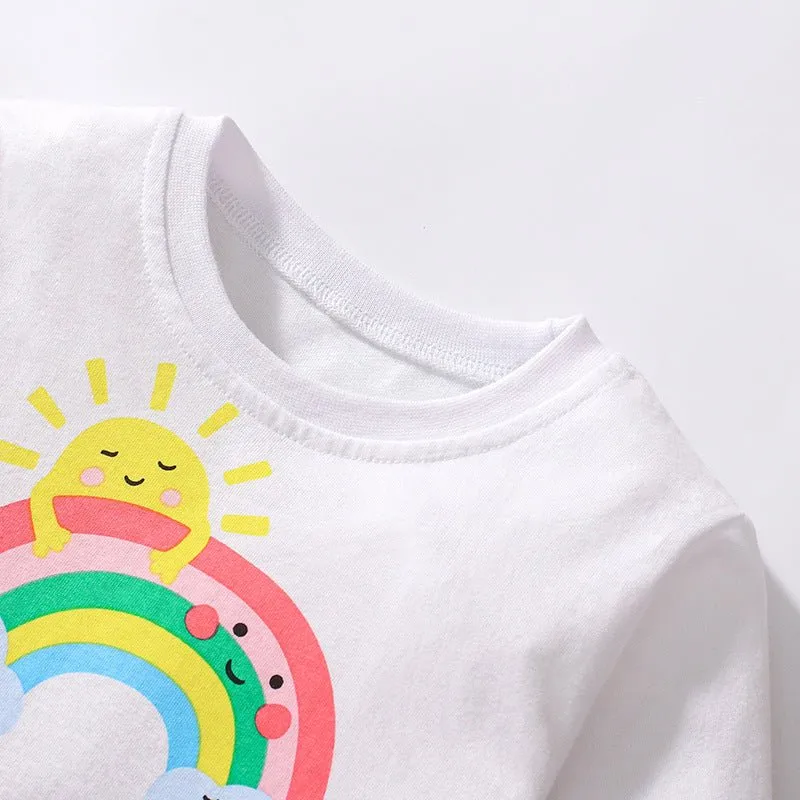 Toddler/Kid Girl's Long Sleeve Sunshine and Rainbow Print Design Dress