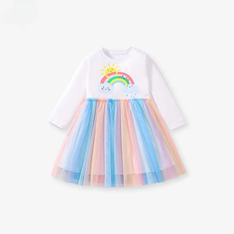 Toddler/Kid Girl's Long Sleeve Sunshine and Rainbow Print Design Dress