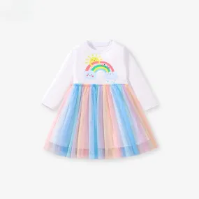Toddler/Kid Girl's Long Sleeve Sunshine and Rainbow Print Design Dress
