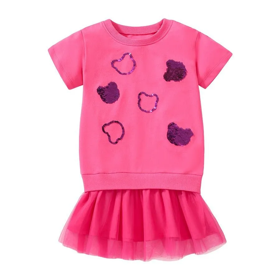 Toddler/Kid Girl's Pink Bear Design Short Sleeve Dress