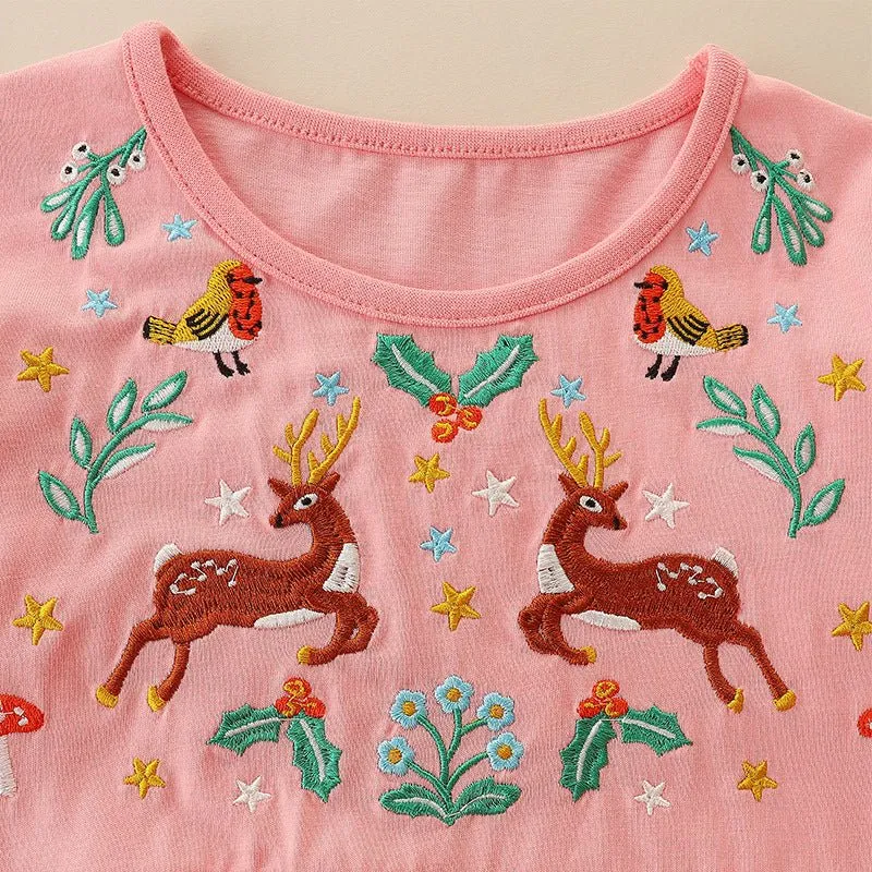 Toddler/Kid Girl's Pink Deer Embroidered Long-sleeve Dress