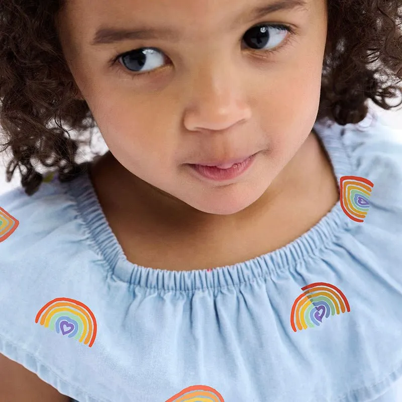 Toddler/Kid Girl's Playful Rainbow Print Design Blue Dress for Summer