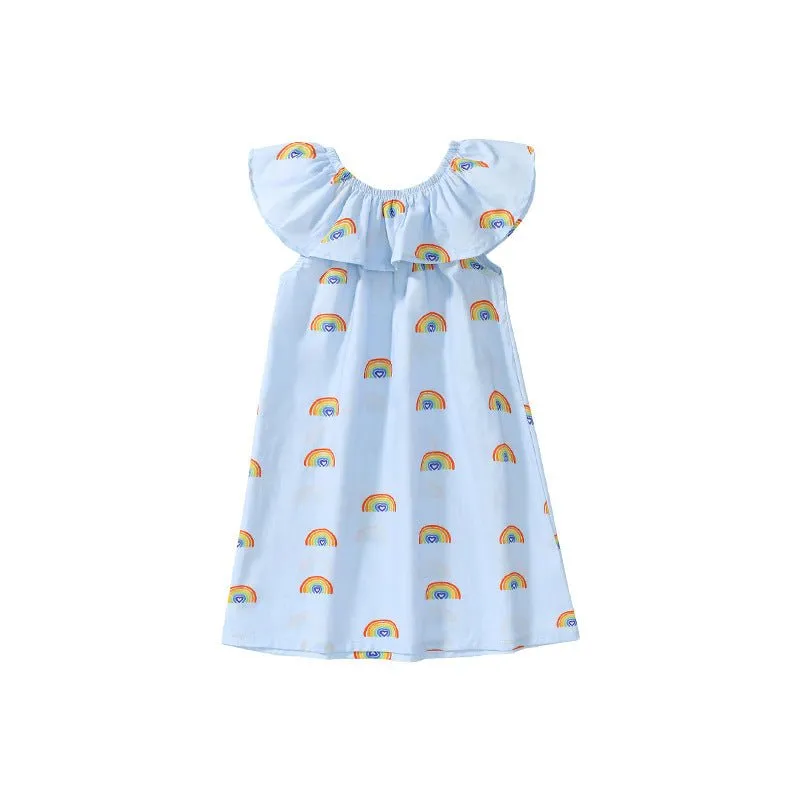 Toddler/Kid Girl's Playful Rainbow Print Design Blue Dress for Summer