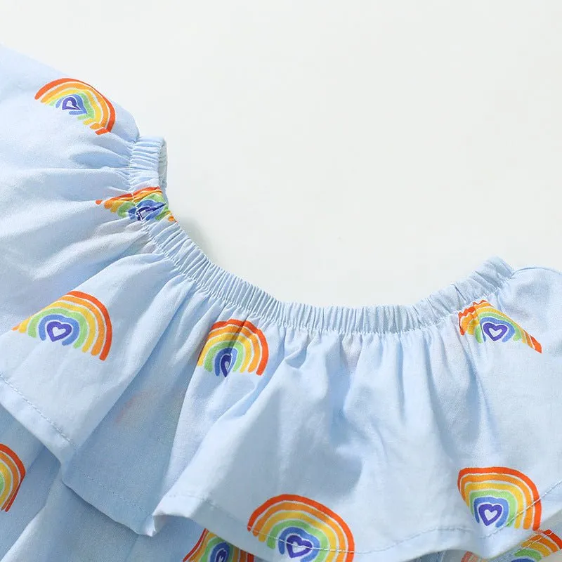 Toddler/Kid Girl's Playful Rainbow Print Design Blue Dress for Summer