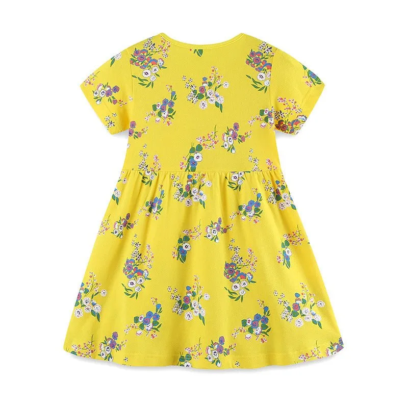 Toddler/Kid Girl's Short Sleeve Floral Print Yellow Dress