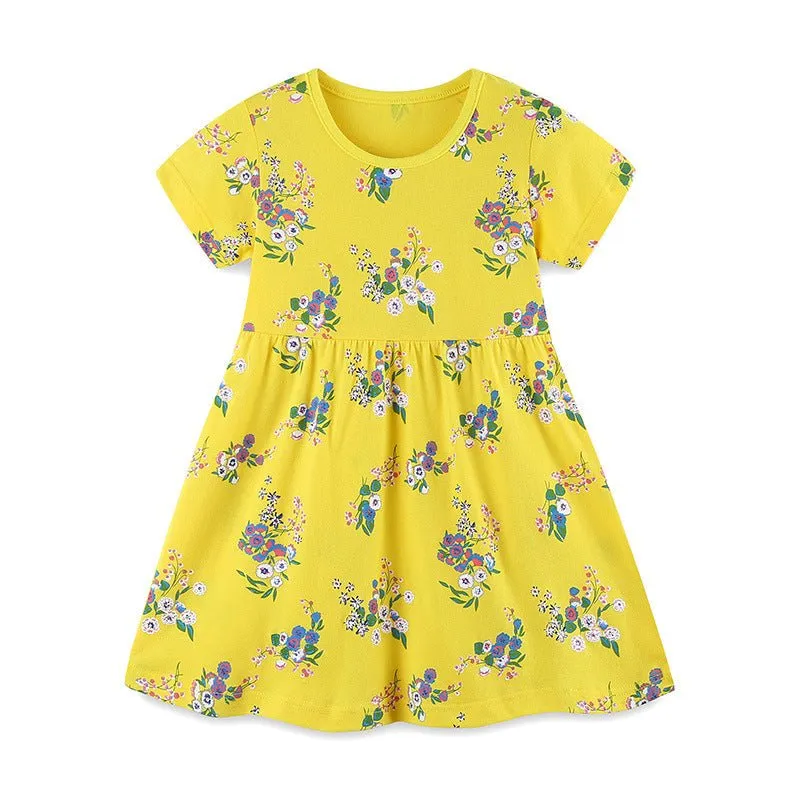 Toddler/Kid Girl's Short Sleeve Floral Print Yellow Dress