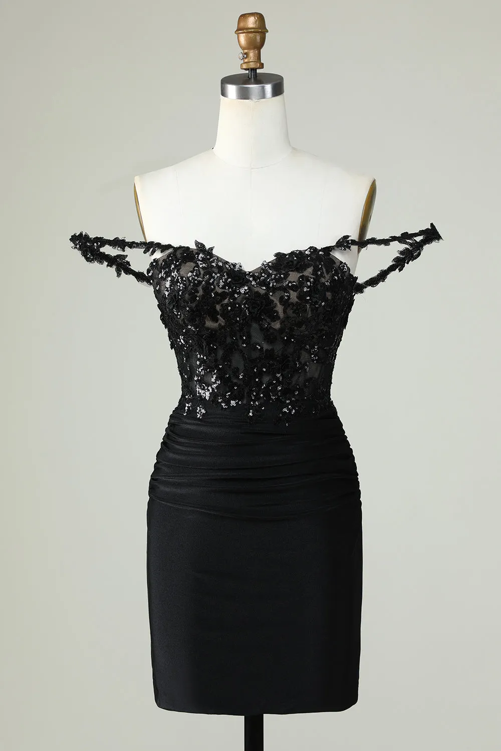 Unique Black Sheath Off the Shoulder Short Homecoming Dress with Appliques