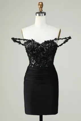 Unique Black Sheath Off the Shoulder Short Homecoming Dress with Appliques