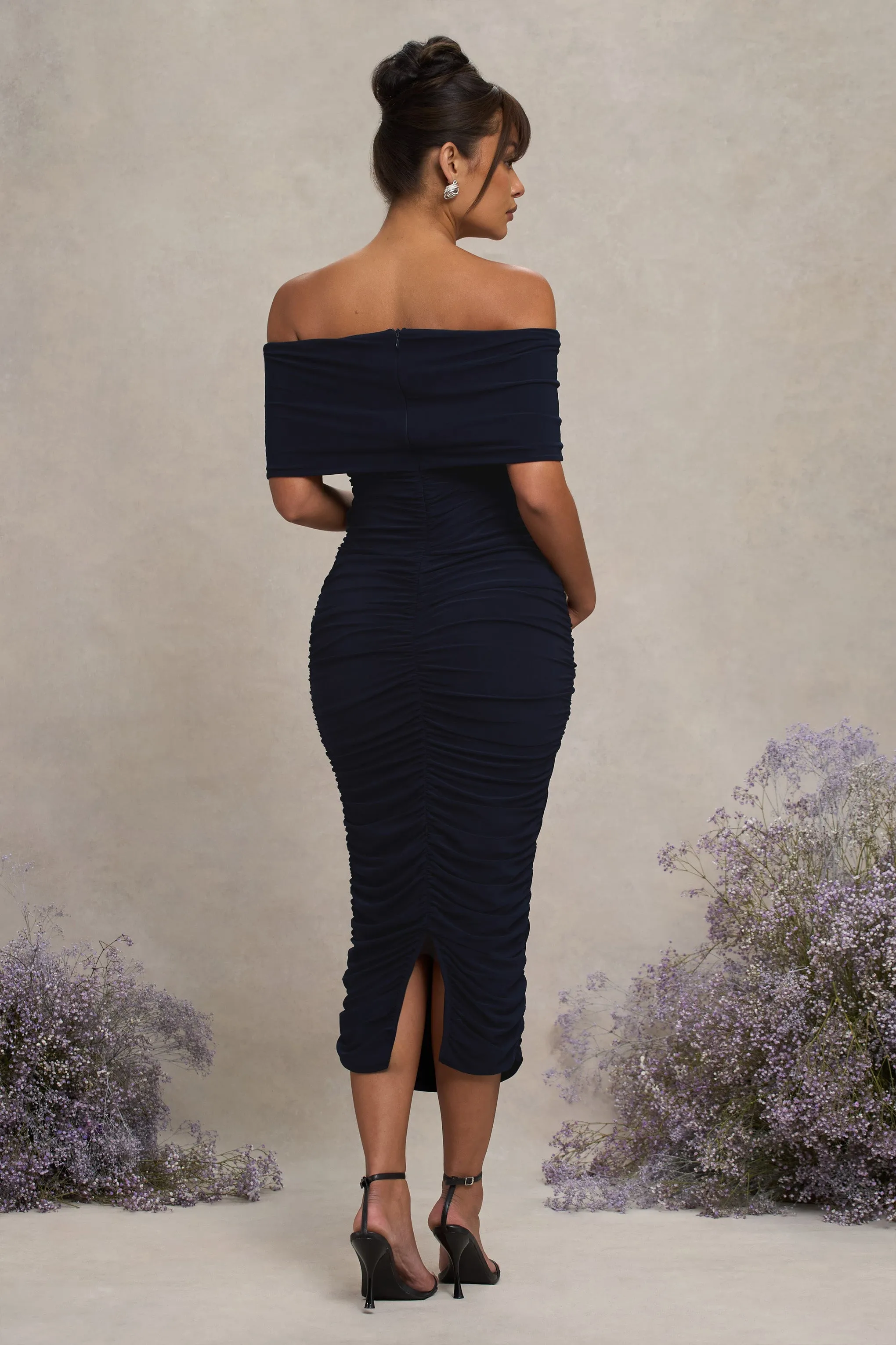 Unwrapped | Navy Ruched Twist Bardot Maternity Midi Dress