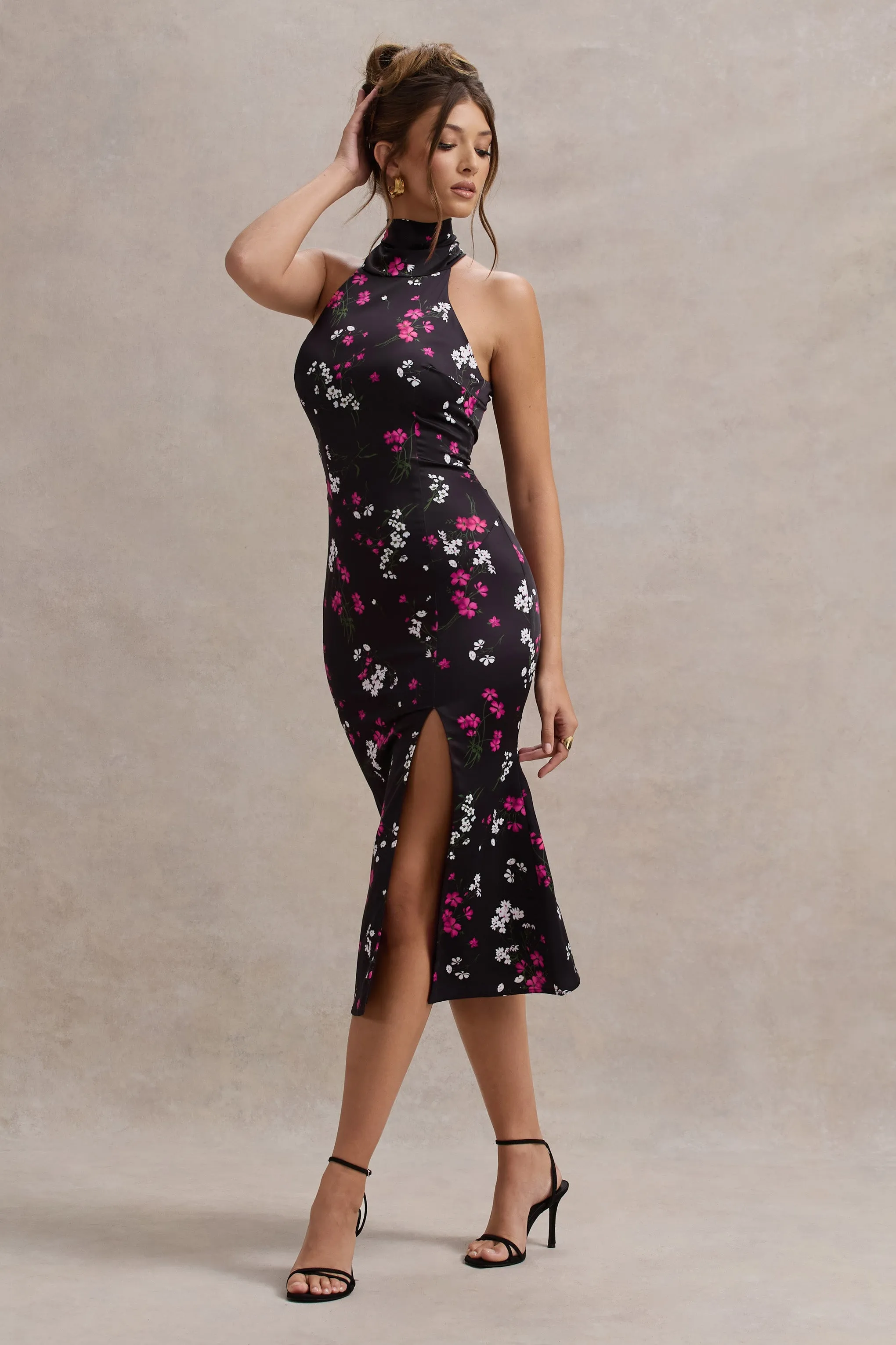 Violette | Black Ditsy Floral Print Satin High-Neck Split Midi Dress