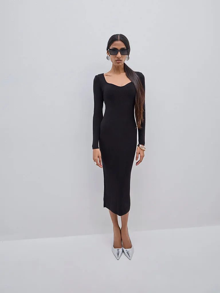 Wardrobe Black Ribbed Cotton Blend Bodycon Dress