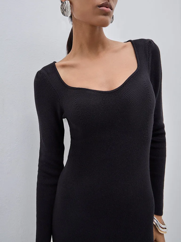 Wardrobe Black Ribbed Cotton Blend Bodycon Dress
