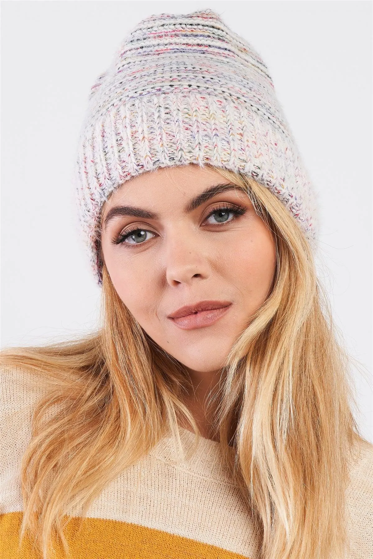 White Rainbow Knit Fuzzy Woven Beanie /3 Pieces