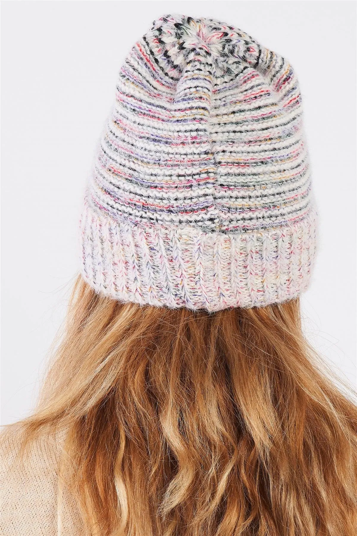 White Rainbow Knit Fuzzy Woven Beanie /3 Pieces