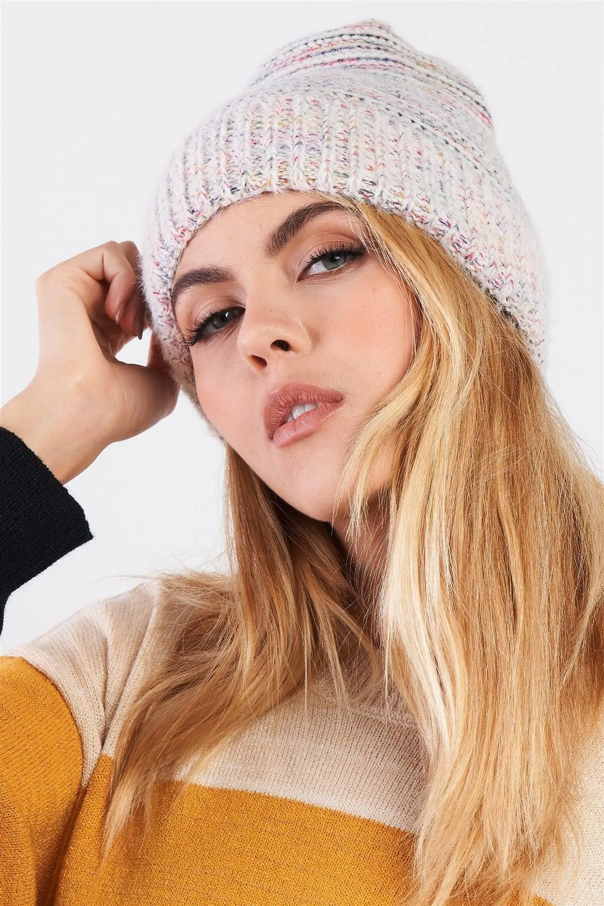 White Rainbow Knit Fuzzy Woven Beanie /3 Pieces