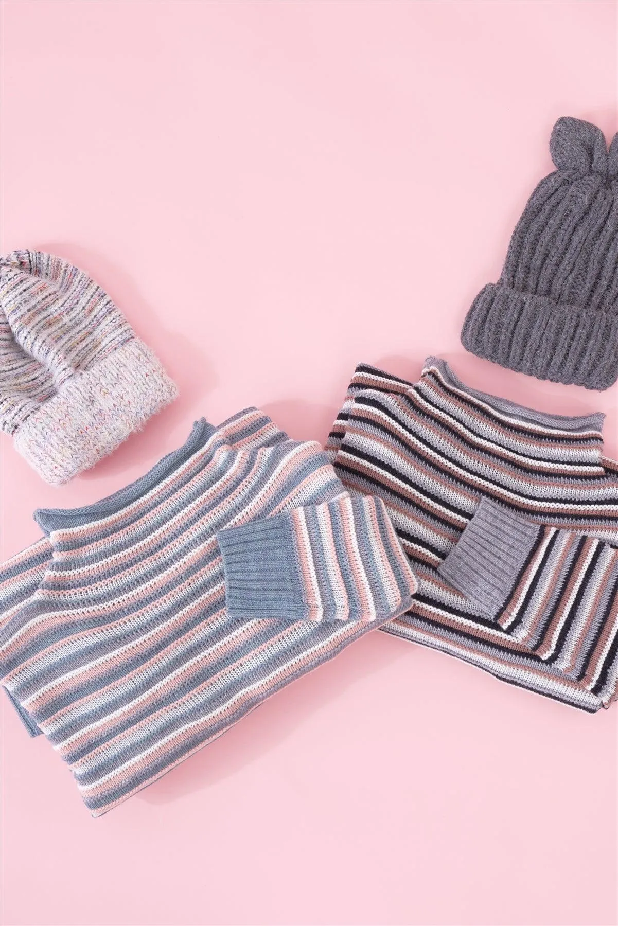 White Rainbow Knit Fuzzy Woven Beanie /3 Pieces