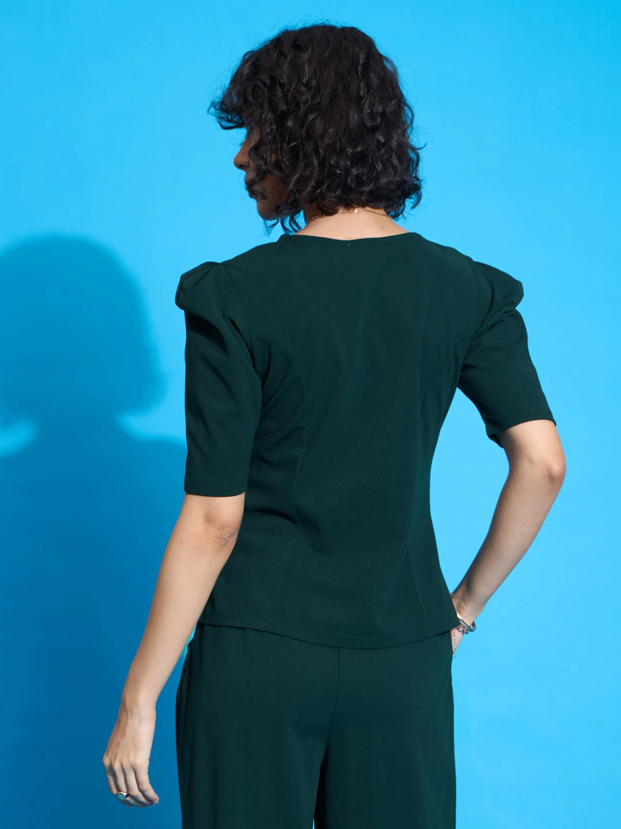 Women Emerald Square Neck Puff Sleeve Top