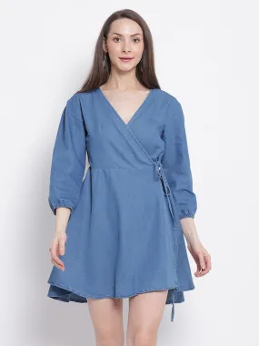 Women Light Blue Flared Denim Wrap Dress