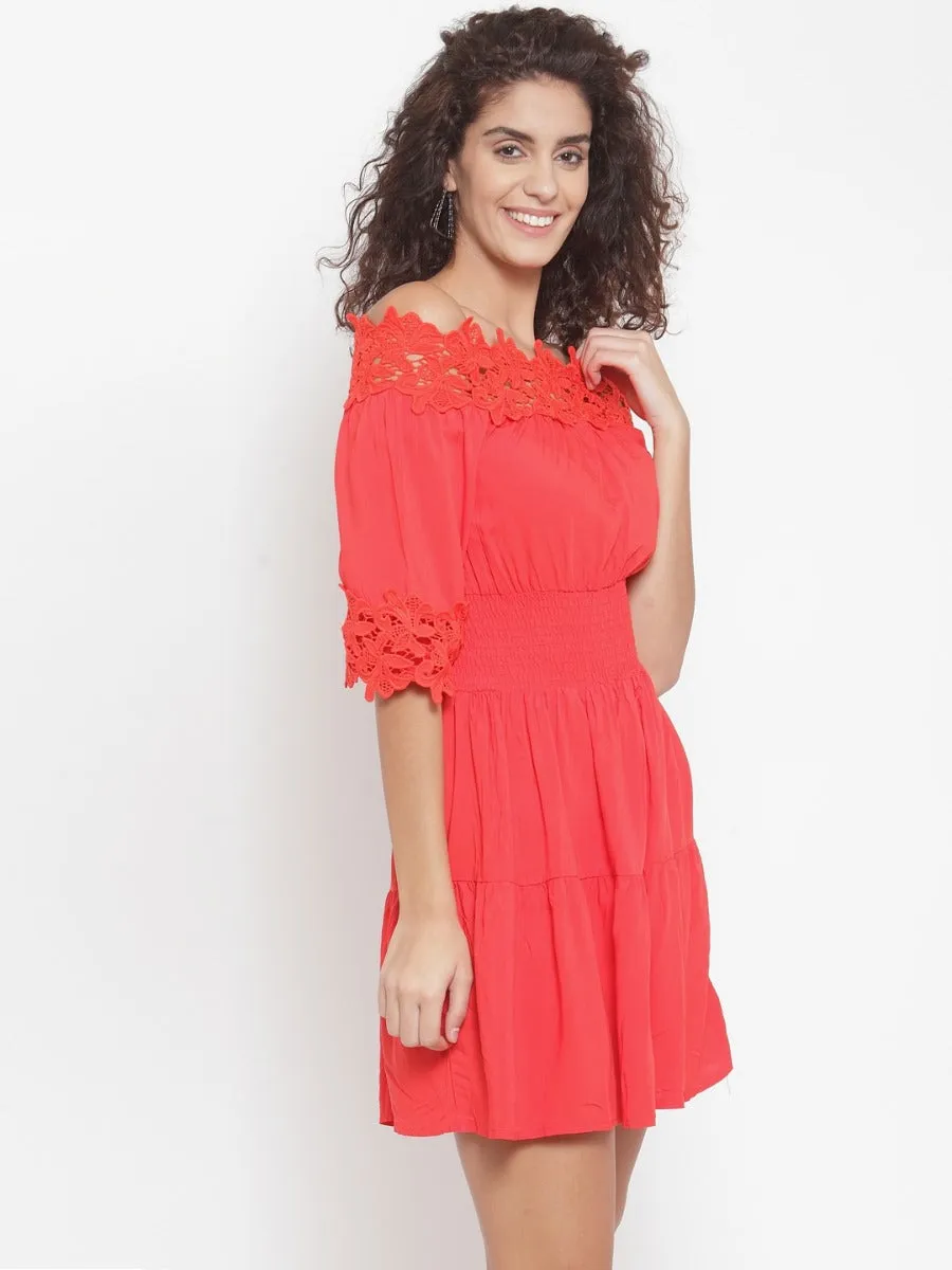 Women Red Off-Shoulder Frock Dress With Lace Detail