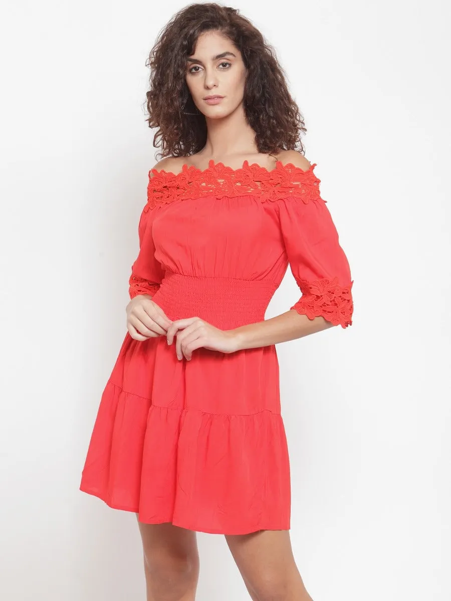 Women Red Off-Shoulder Frock Dress With Lace Detail