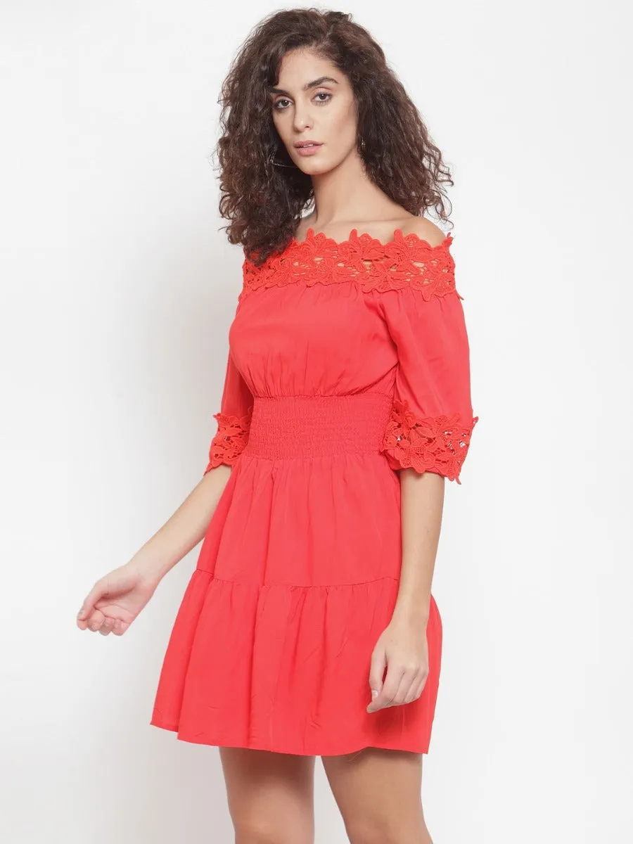 Women Red Off-Shoulder Frock Dress With Lace Detail