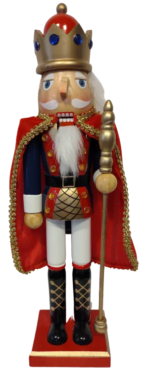 Wooden Fancy Nutcracker with Cape Red/Gold/Blue & Gold Scepter 15"