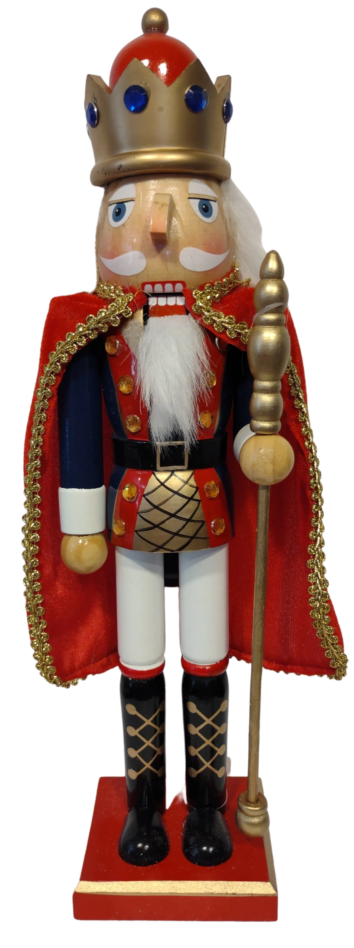Wooden Fancy Nutcracker with Cape Red/Gold/Blue & Gold Scepter 15"