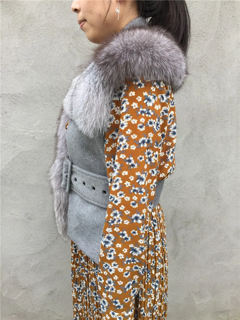 Wool Slim Waistcoat Genuine Fox Fur  Vest